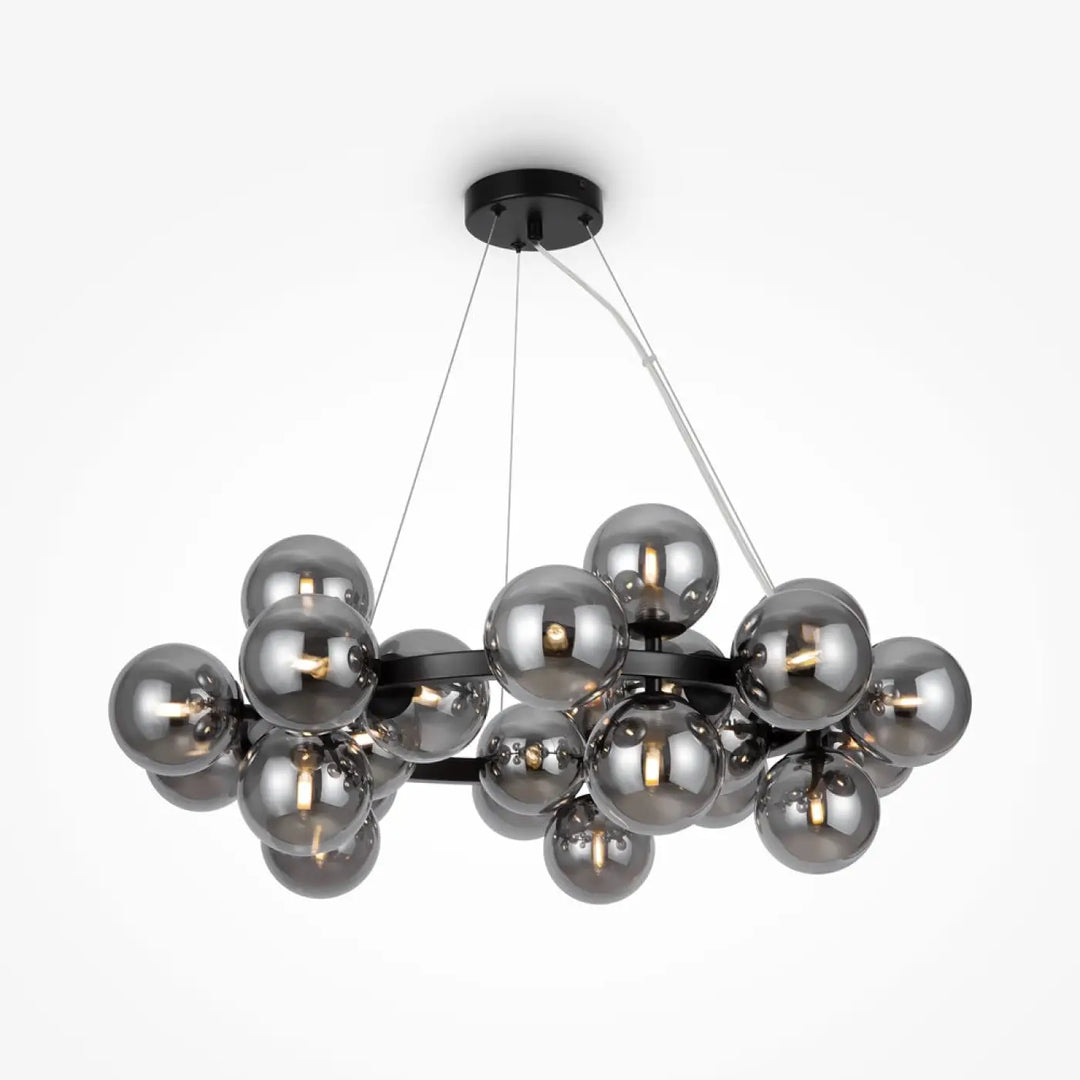 Chandelier suspension circulaire dallas circulaire en verre gris refletant avec vingt-cinq globes suspendus par fils fins