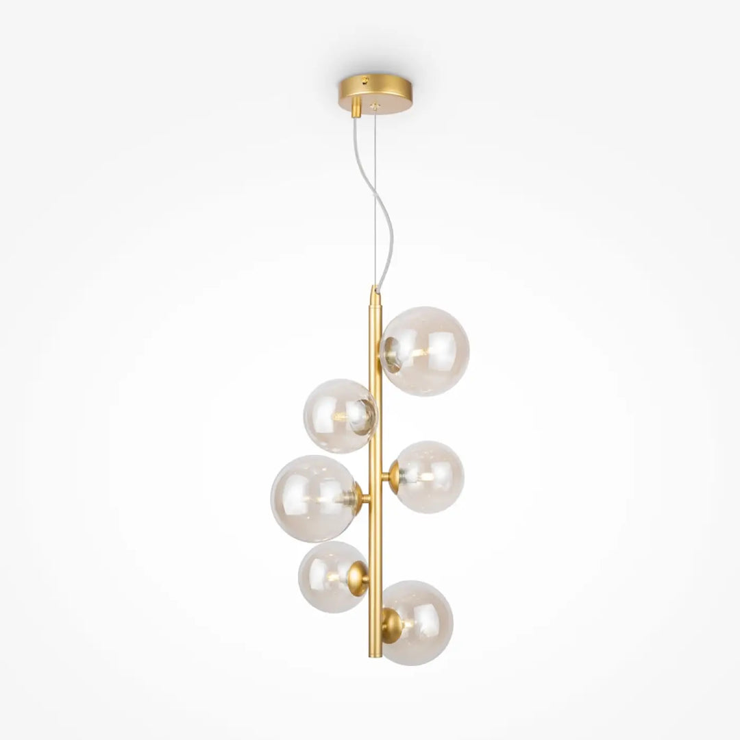 Suspension dallas compacte dorée avec six globes en verre transparent en grappe verticale moderne
