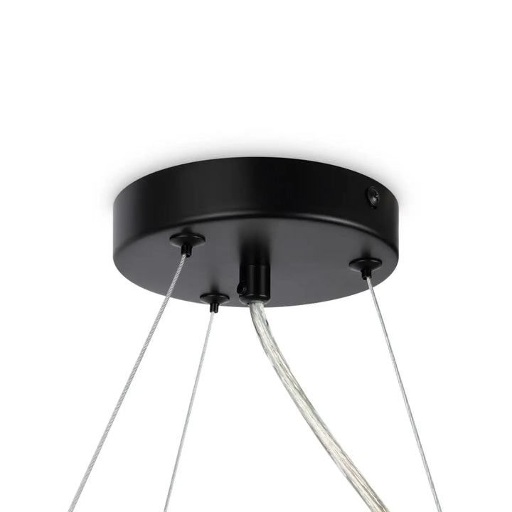 Suspension luminaire dallas couronne art déco noir avec trois câbles argentés pour onze globes