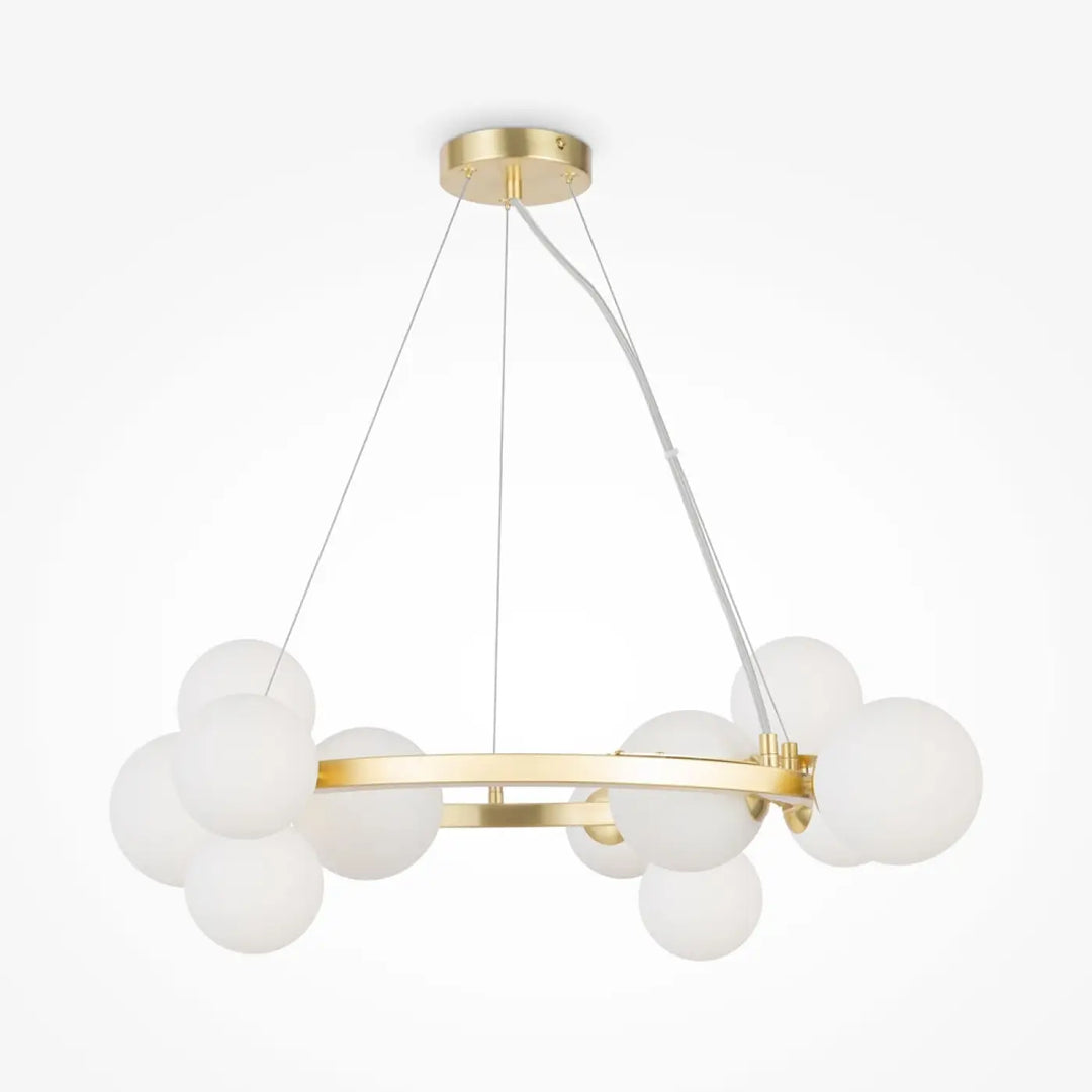 Suspension luminaire dallas couronne en métal doré avec onze globes en verre dépoli art déco circulaire