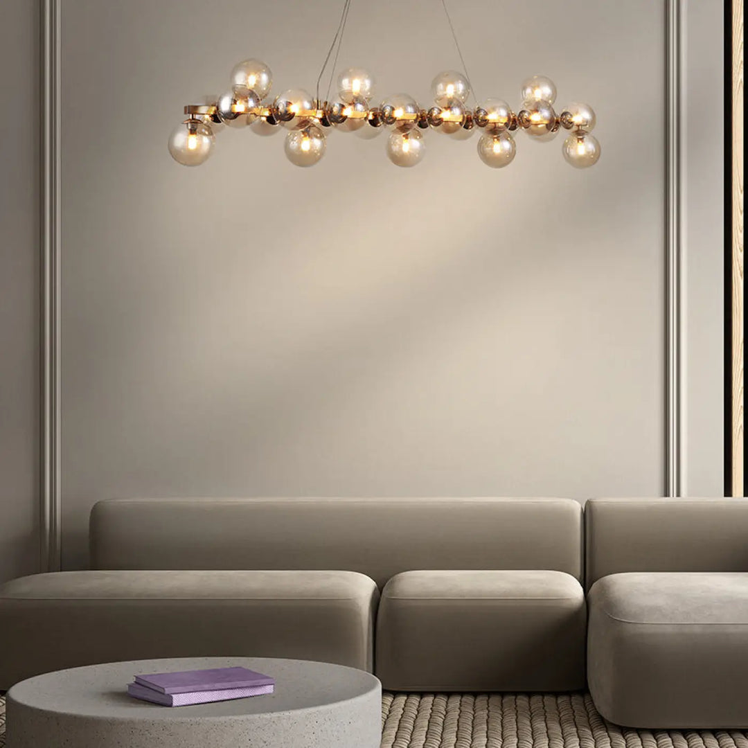 Suspension luminaire dallas couronne en métal doré avec onze globes en verre sphériques style art déco en ligne