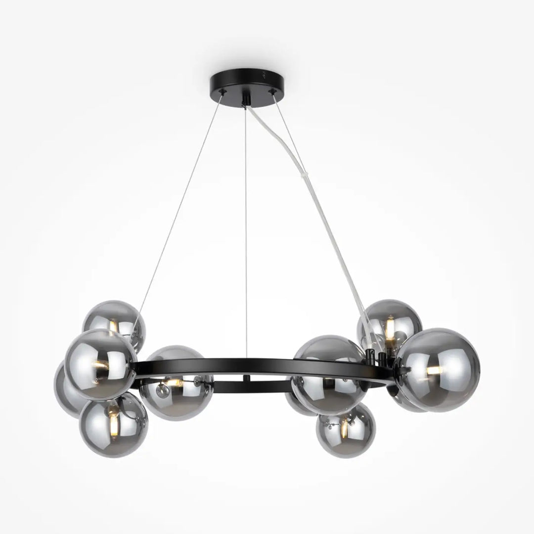 Suspension luminaire dallas couronne noir métal avec onze globes en verre gris reflet art déco moderne