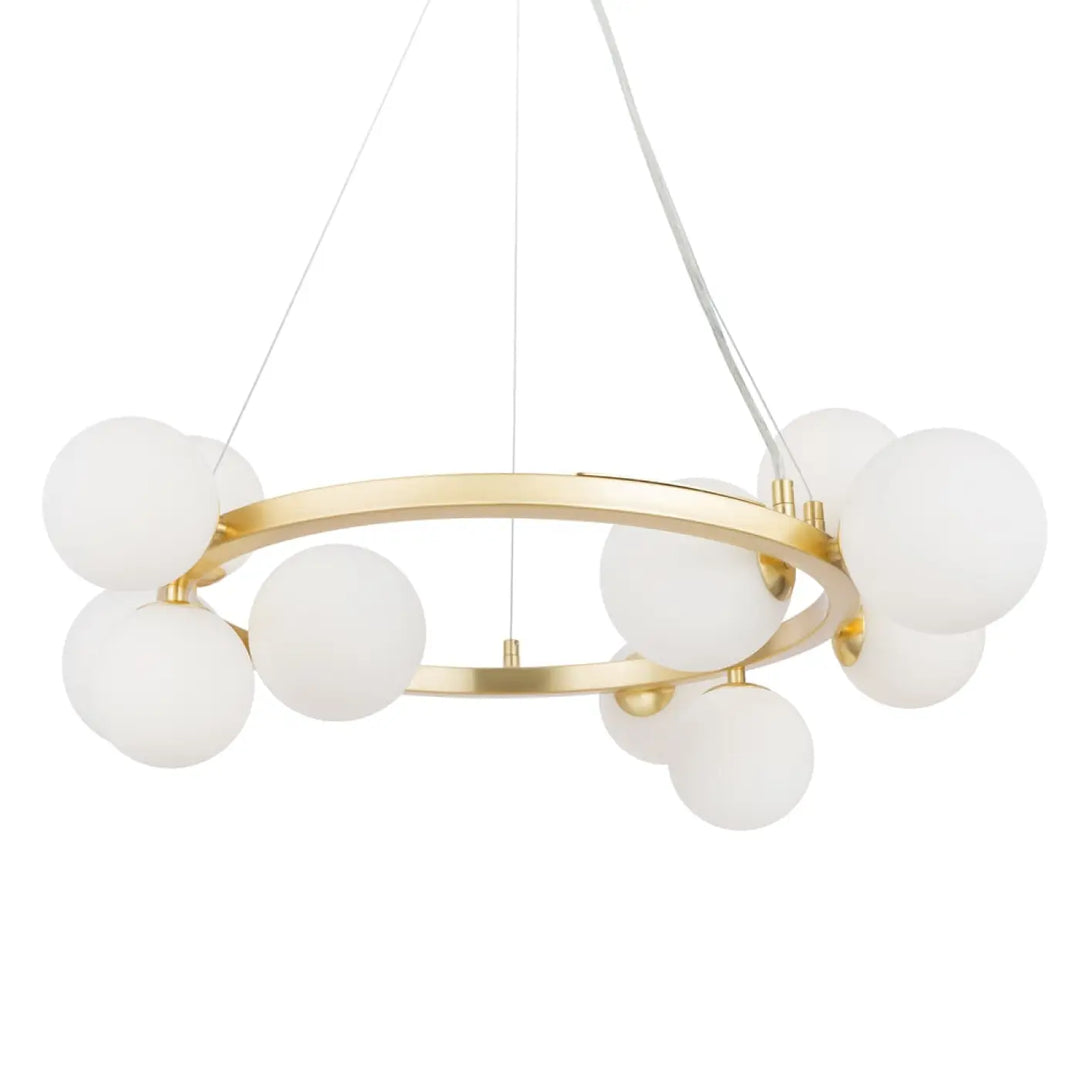 Suspension luminaire dallas couronne en métal doré art déco avec onze globes en verre blanc dépoli spherical