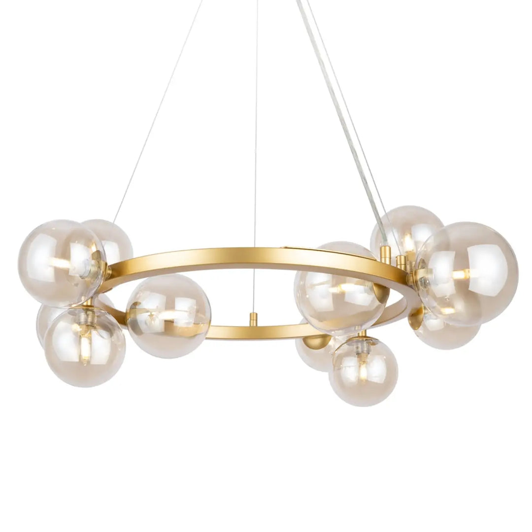 Suspension luminaire dallas couronne en métal doré art déco avec onze globes en verre dépoli