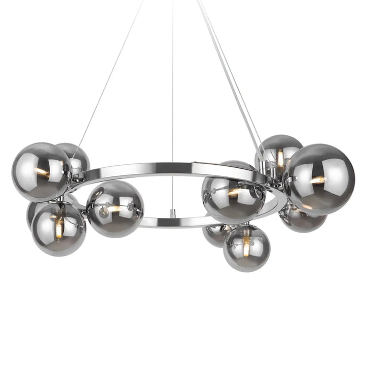Suspension luminaire dallas couronne chrome avec onze globes en verre sphériques style art déco en cercle