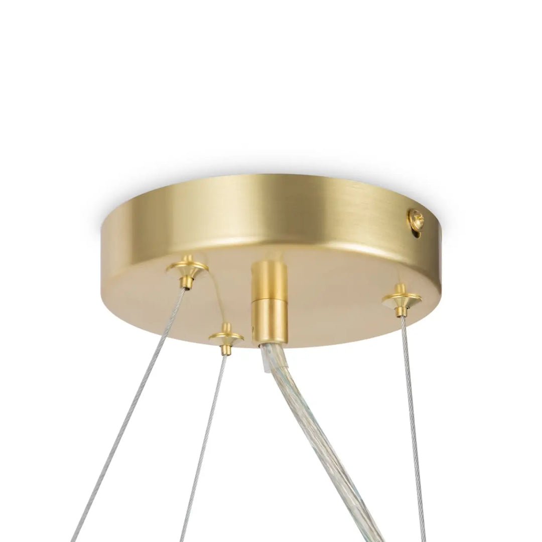 Plafonnier suspension dallas couronne art déco en métal doré avec trois câbles transparents et onze globes