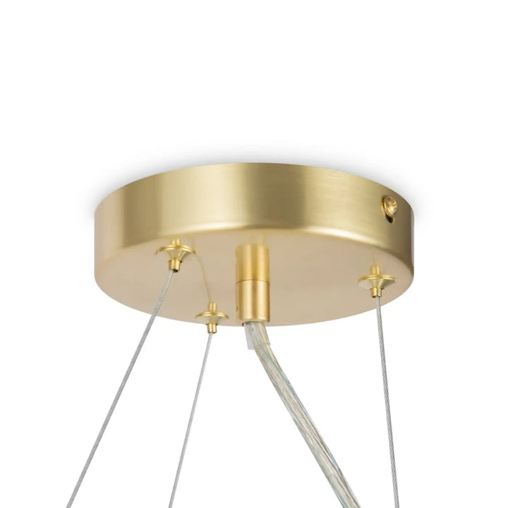 Plafonnier suspension dallas couronne art déco en métal doré avec trois câbles transparents et onze globes