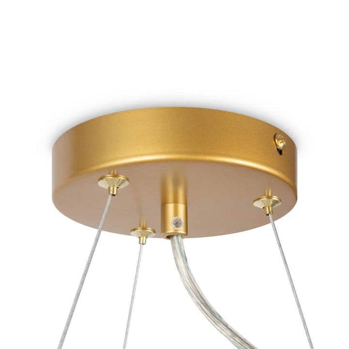 Suspension luminaire dallas couronne art déco en métal couleur or avec trois câbles et onze globes suspendus