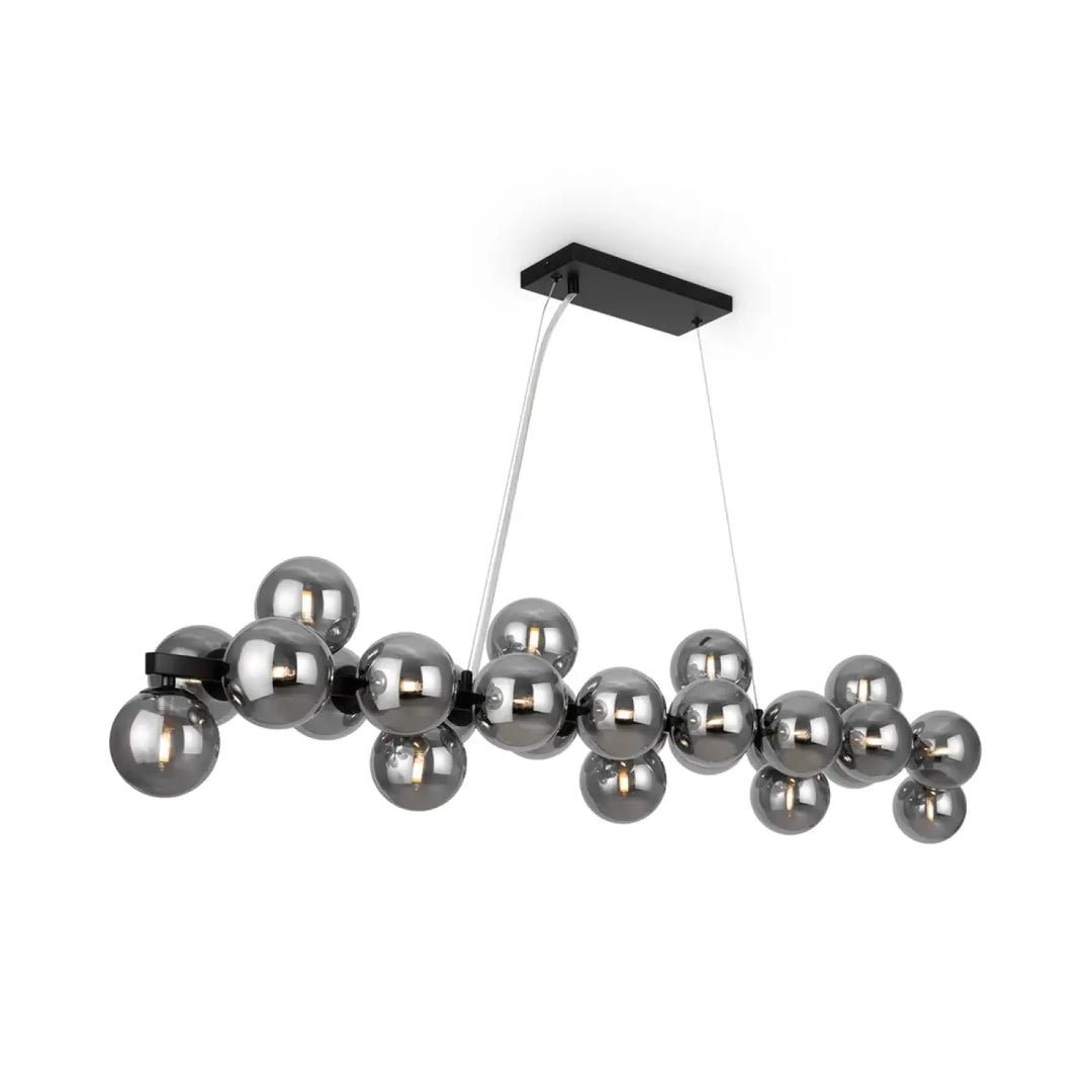 Suspension linéaire dallas linéaire en métal noir moderne avec sphères en verre fumé reflétant design art déco organique