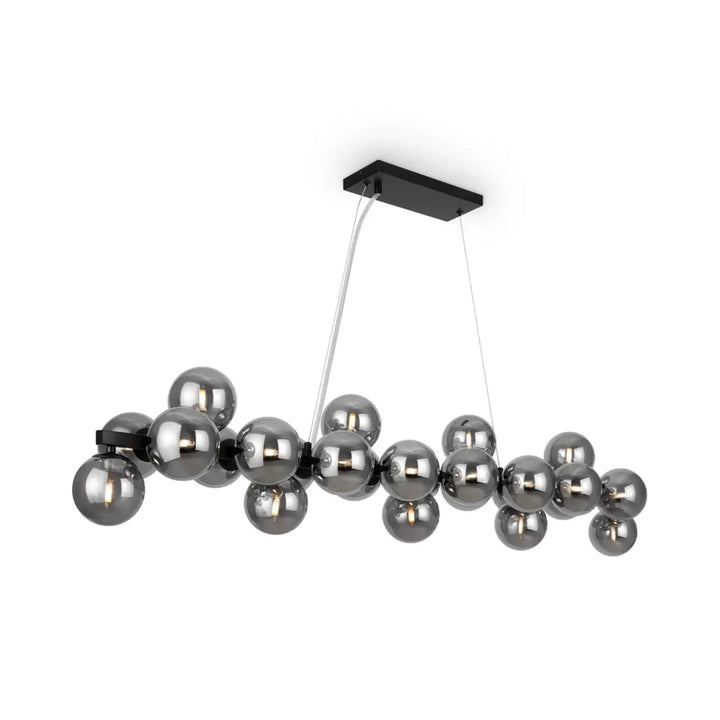Suspension linéaire dallas linéaire en métal noir moderne avec sphères en verre fumé reflétant design art déco organique