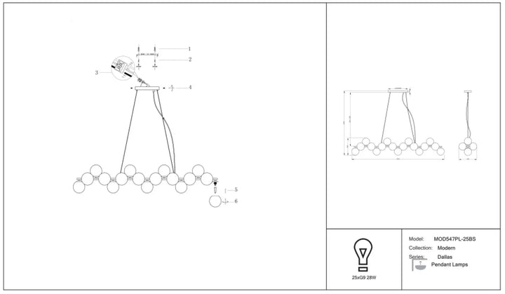 Suspension luminaire dallas linéaire en style art déco avec lampes sphériques en cascade pour éclairage moderne