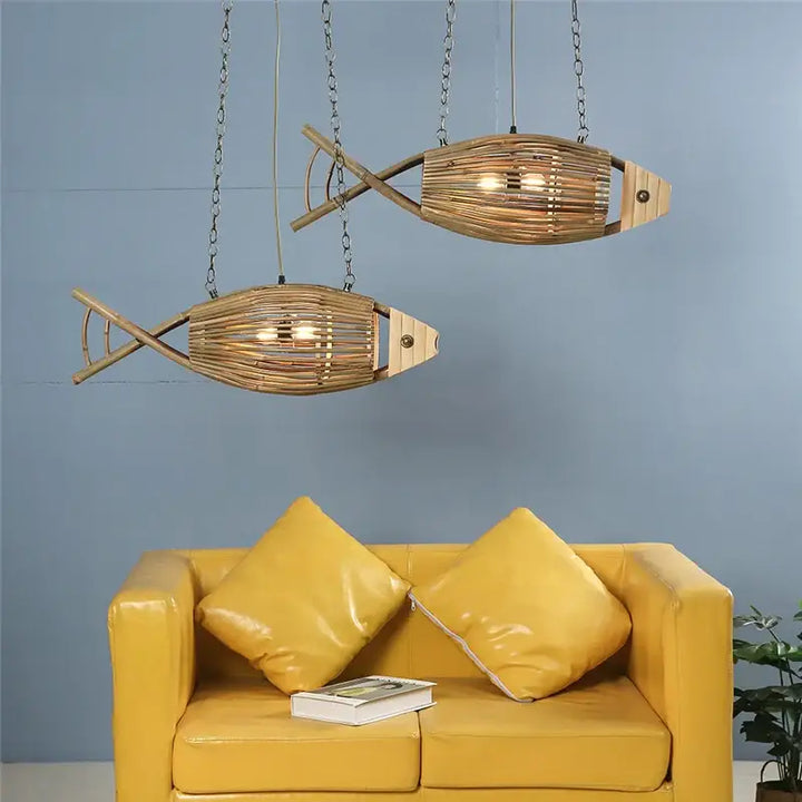 Woven Bamboo Fish Pendant Lights Restaurant Light Retro Bar Creative Teahouse Lamp Living Room Wall Decor Farm Hotel
