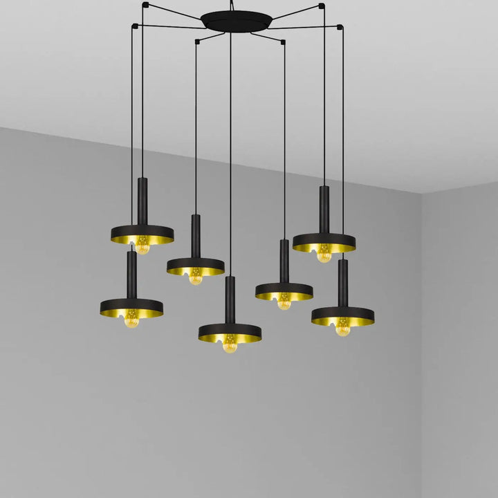Suspension Whizz 7 lumières noir et or satiné de Faro Barcelona