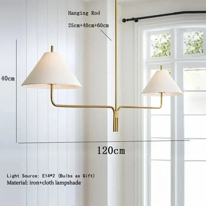 Suspension design dorée à deux bras avec abat jour beige