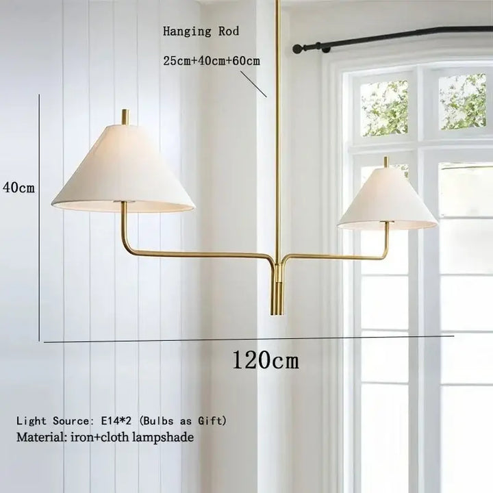 Suspension design dorée à deux bras avec abat jour beige
