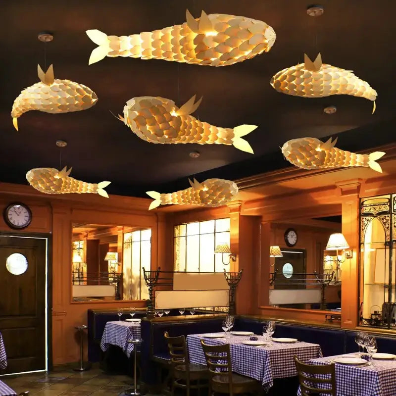 Wabi Sabi Handmade Wooden Fish Pendant Light Japanese Vintage LED hanging Light Living Room Hotel Lobby Club Dining