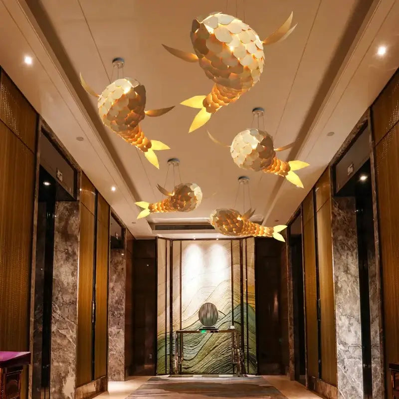 Wabi Sabi Handmade Wooden Fish Pendant Light Japanese Vintage LED hanging Light Living Room Hotel Lobby Club Dining