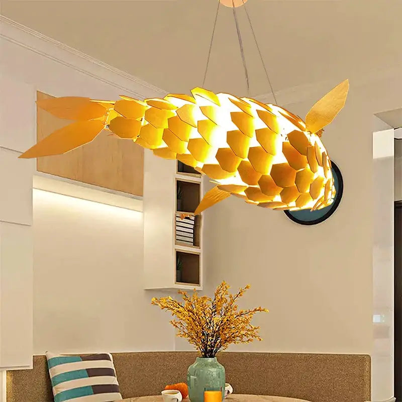 Wabi Sabi Handmade Wooden Fish Pendant Light Japanese Vintage LED hanging Light Living Room Hotel Lobby Club Dining