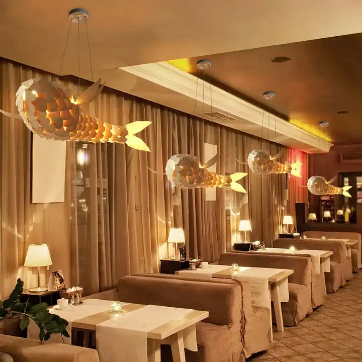 Wabi Sabi Handmade Wooden Fish Pendant Light Japanese Vintage LED hanging Light Living Room Hotel Lobby Club Dining