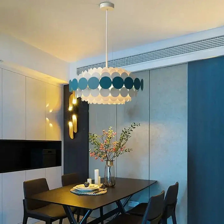 Suspension luminaire calou avec disque en éventail vert sarcelle et blanc pour un lustre de plafond minimaliste moderne