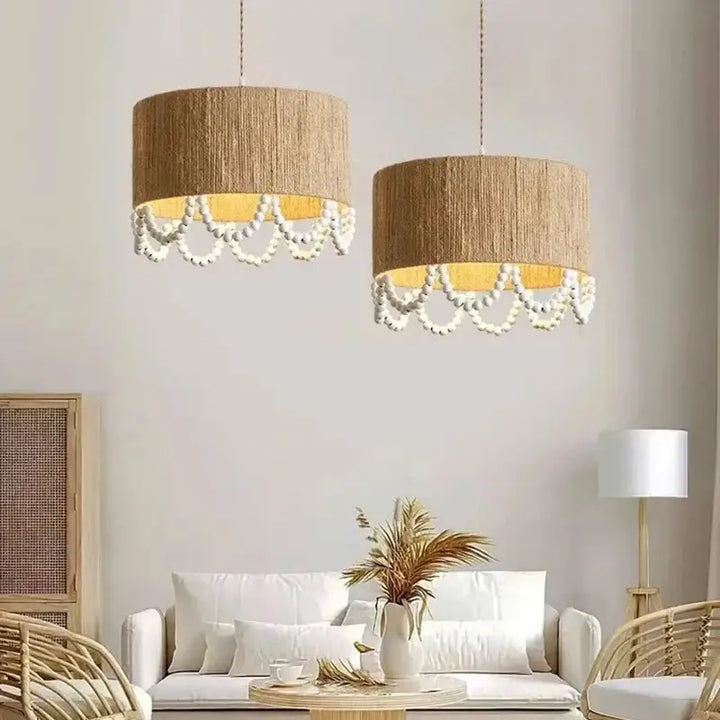 Suspension design naturelle en chanvre et perles en bois