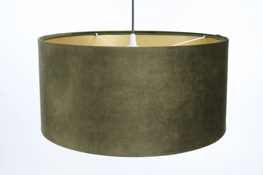 Suspension luminaire vert olive en tissu texturé avec doublure beige pour éclairage décoratif et décoration intérieure