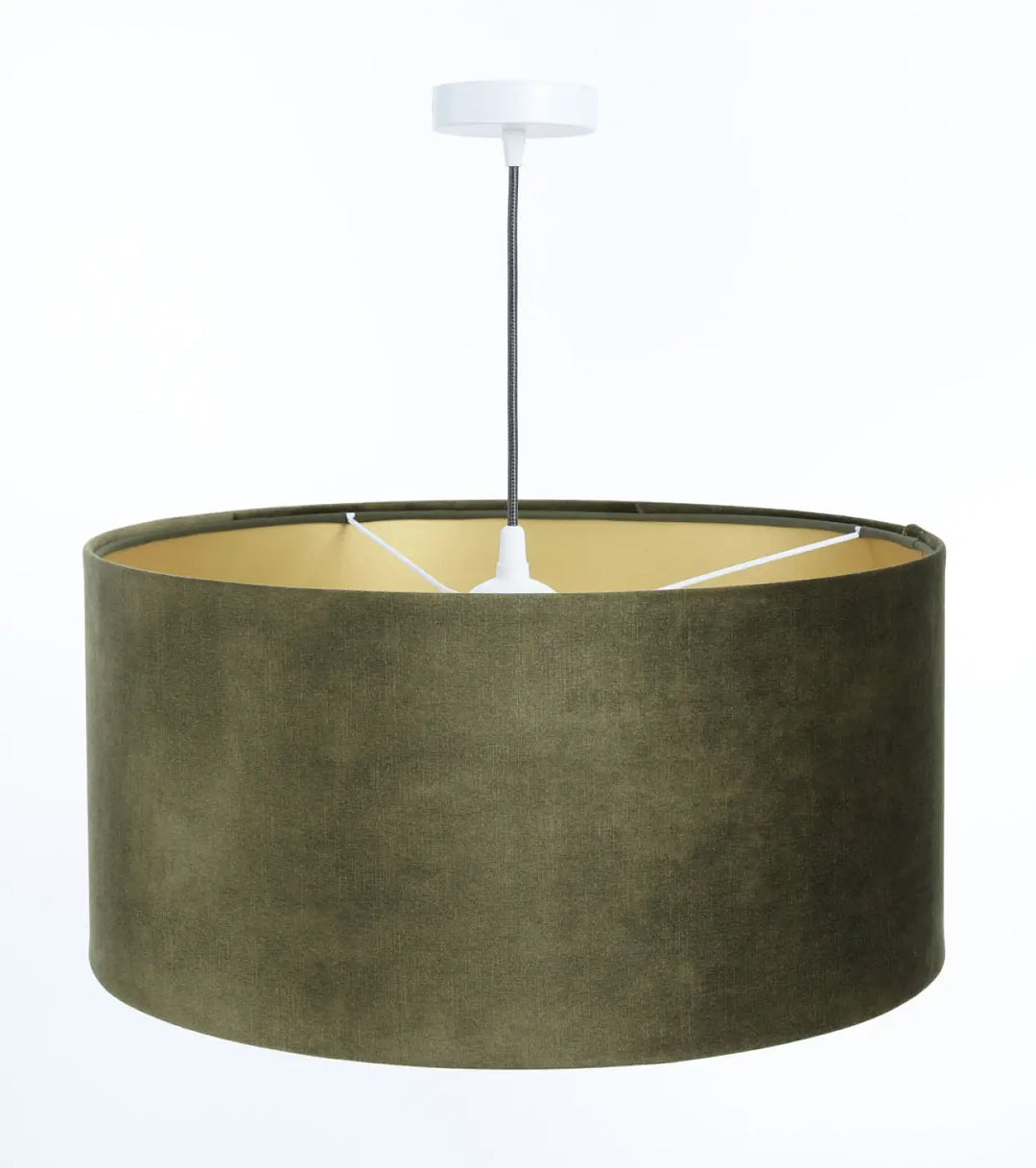 Suspension design vert en velours olive avec montage plafond blanc et cordon noir pour éclairage décoratif intérieur
