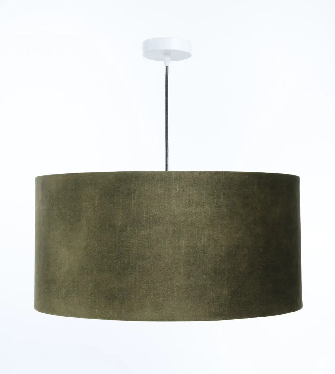 Suspension design vert olive en velours avec fixation plafond blanche et cordon noir pour éclairage décoratif