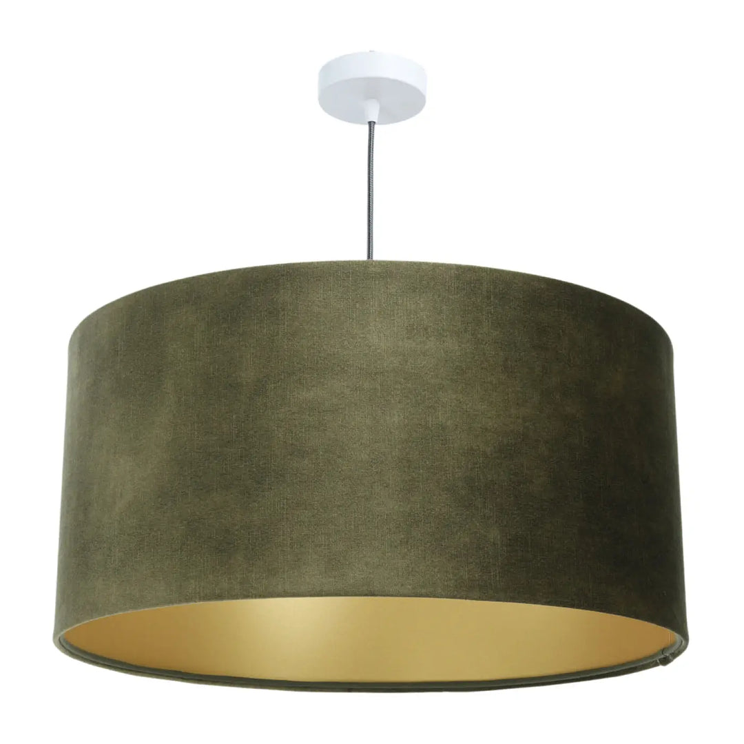 Suspension design vert olive en velours avec intérieur doré et fixation plafond blanche pour éclairage décoratif