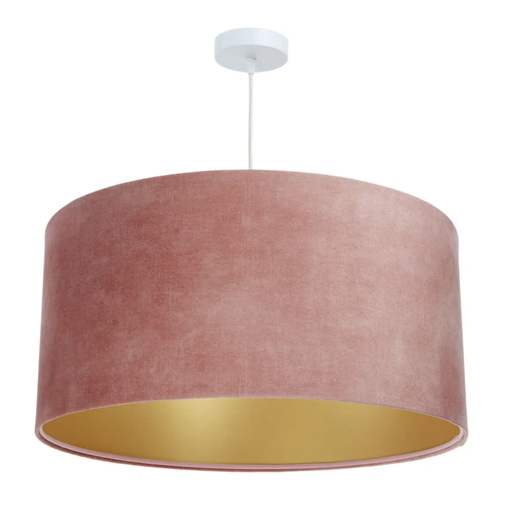 Suspension design vieux en velours vieux rose avec abat-jour textile élégant doublé doré pour un luminaire glamour vintage