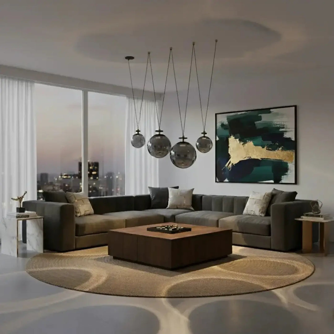 Suspension diane moderne avec design épuré et coussins moelleux intégrée à un canapé sectionnel gris contemporain