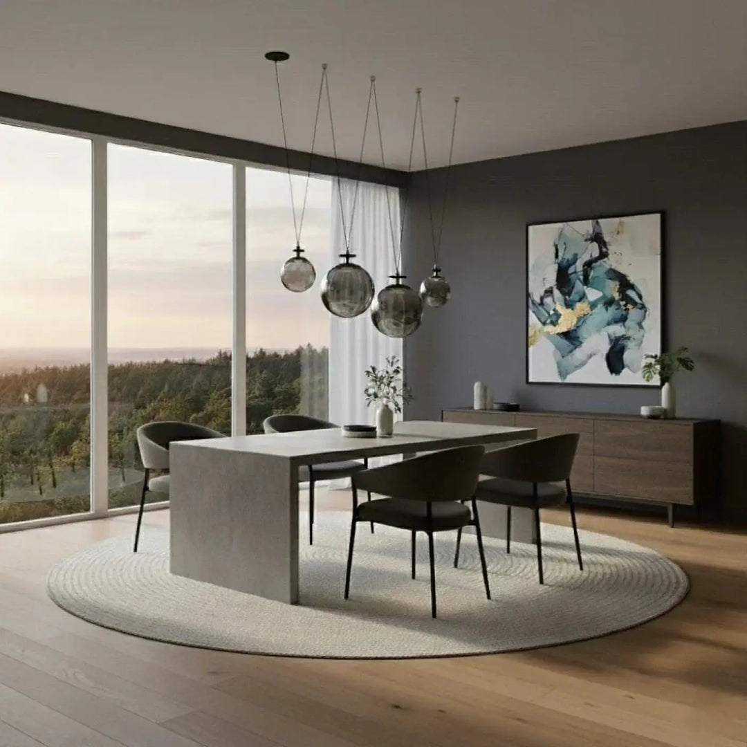 Suspension diane au-dessus d’une table à manger minimaliste en béton avec des chaises grises sur un tapis circulaire