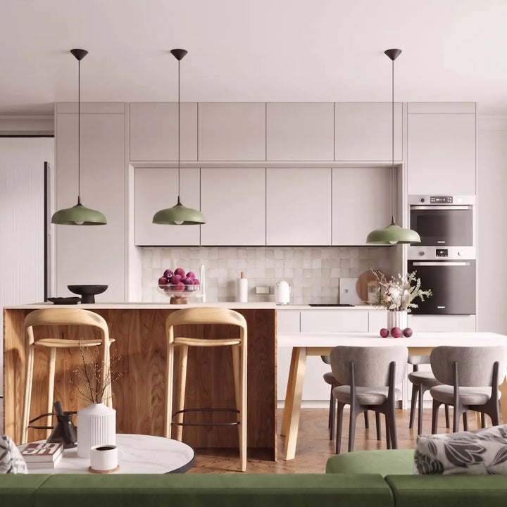 Suspension Luminaire vert olive allumée, vue rapprochée