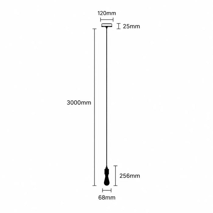 Black suspension heavy metal pendant light with sleek minimalist design and precise dimensional markings
