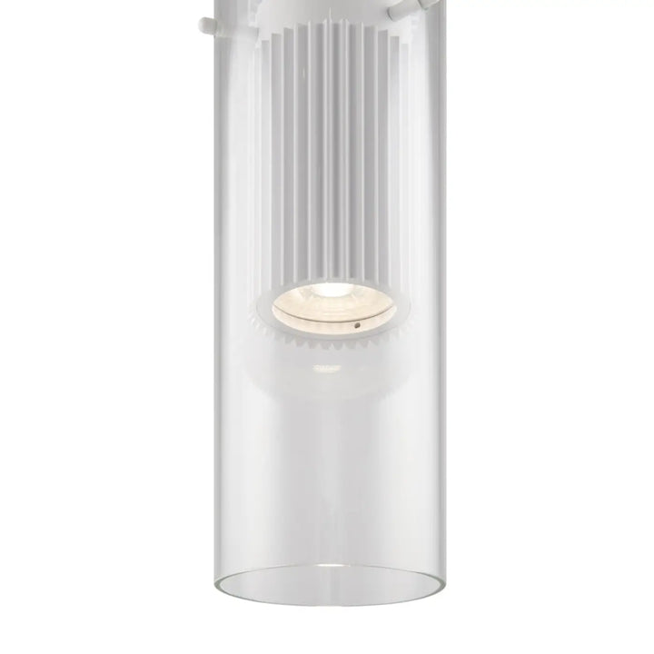 Suspension dynamics cylindre strié blanc avec abat-jour en verre transparent et intérieur à nervures verticales pour îlot