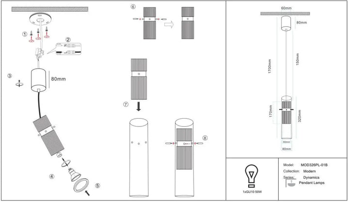 Suspension luminaire dynamics cylindre strié en métal avec finition métallique et sections d’éclairage segmentées