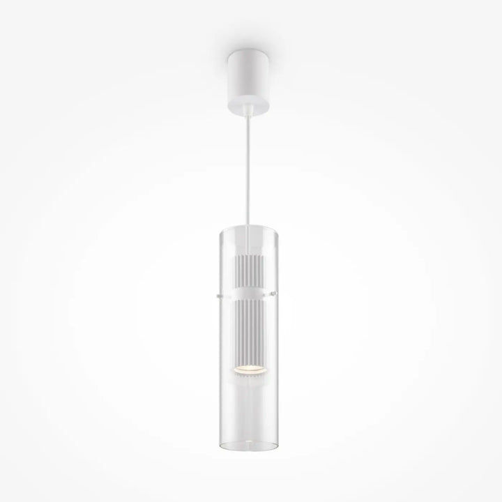 Suspension luminaire dynamics cylindre strié en verre transparent avec diffuseur blanc suspendue d’un îlot par cordon fin