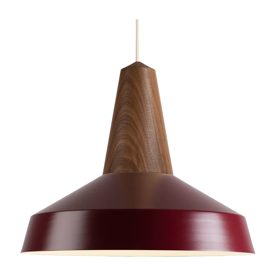 Tête en noyer et abat-jour bourgogne de la suspension Eikon Circus #couleur_rouge
