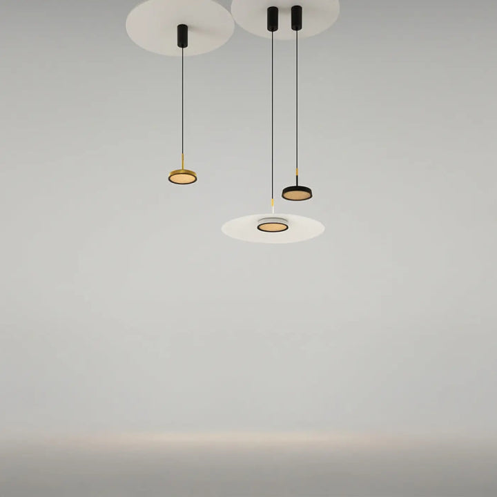 Suspension luminaire el led avec lumière douce en aluminium noir et diffuseurs circulaires blancs modernes minimalistes