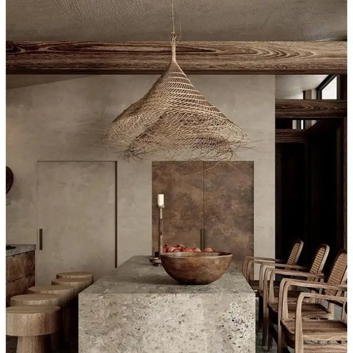 Suspension en fibres naturelles forme conique style bohème chic

