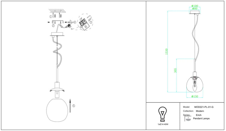 Suspension luminaire erich avec globe en verre soufflé et tige spiralée métal style art déco pour lumière douce