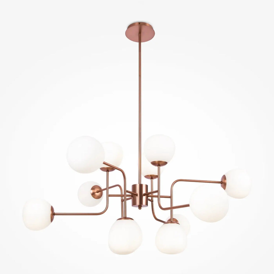 Suspension erich art déco cuivre avec plusieurs globes en verre soufflé givré pour éclairage intérieur