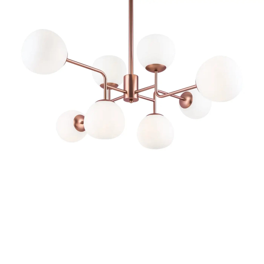 Suspension erich art déco en rose gold avec globes en verre soufflé givré pour un éclairage moderne