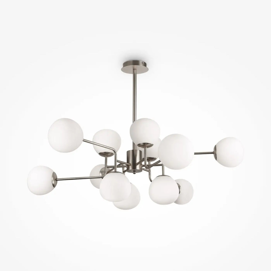 Suspension luminaire erich art déco en nickel brossé avec plusieurs globes en verre soufflé dépoli moderne