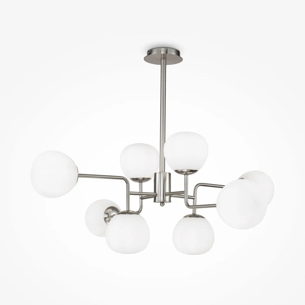 Suspension erich art déco en nickel brossé moderne avec huit globes en verre soufflé dépoli pour intérieur contemporain