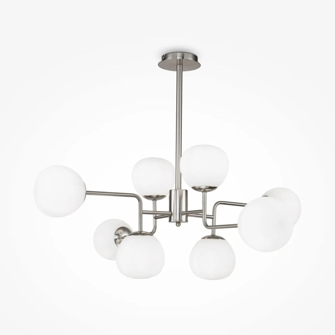 Suspension erich art déco en nickel brossé moderne avec huit globes en verre soufflé dépoli pour intérieur contemporain