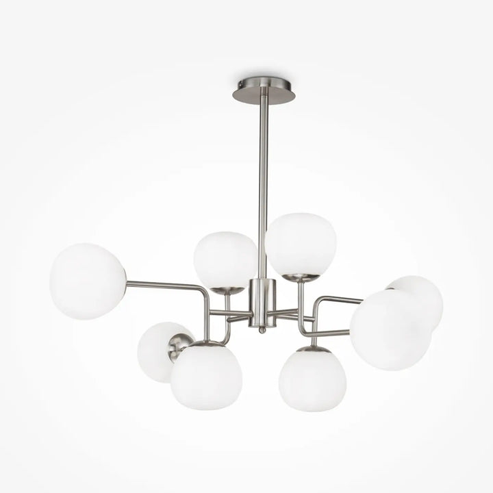 Suspension erich art déco en nickel brossé moderne avec huit globes en verre soufflé dépoli pour intérieur contemporain