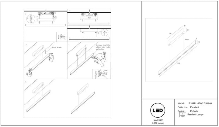 Suspension luminaire euphoria led linéaire au design linéaire blanc avec lift intégré et réglage de la luminosité au-dessus d’une table