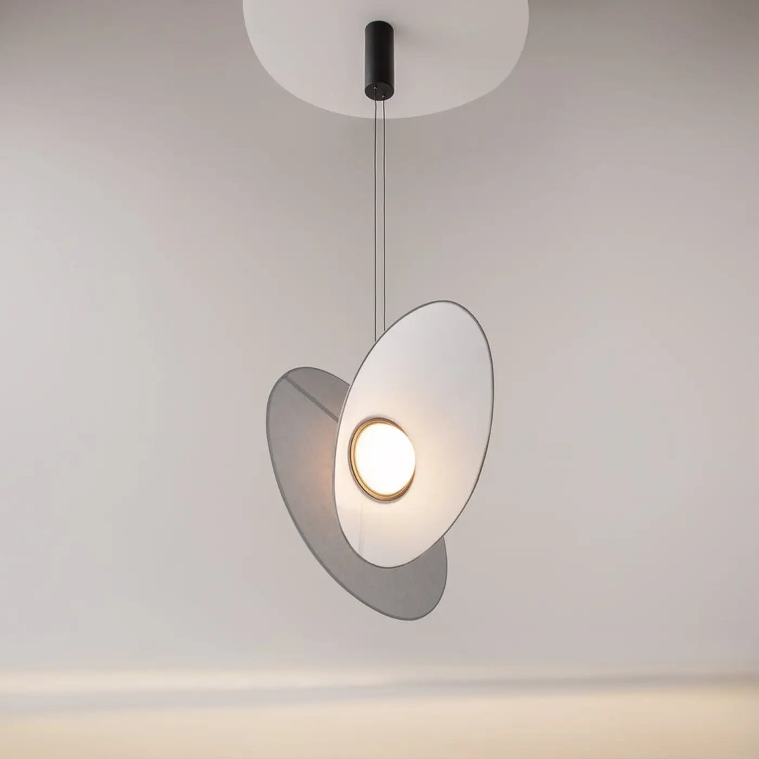 Suspension luminaire evolution double abat-jour blanc moderne avec led intégrée et support plafond noir
