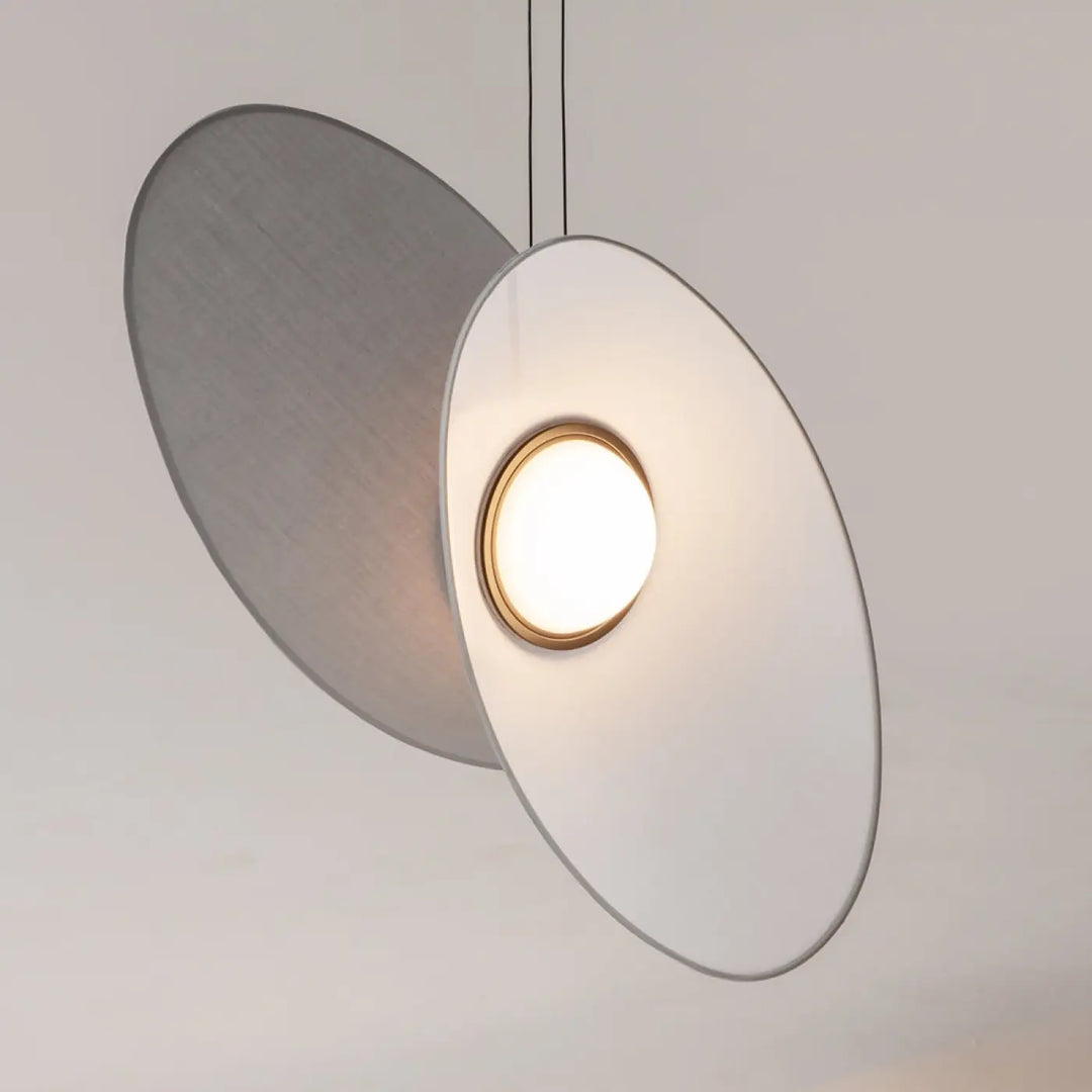 Suspension evolution led double abat-jour avec deux disques translucides blancs superposés et lumière led intégrée dorée